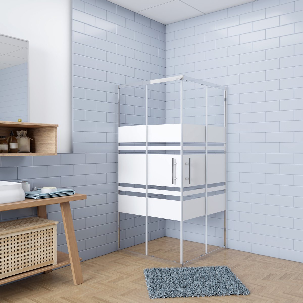 Aica Eenvoudig te monteren Douchecabine 90x90x185cm hoekinstap met schuifdeuren - 6mm veiligheidsglas EasyClean behandeld met wit zeefdruk design - glanzend chroom Profiel