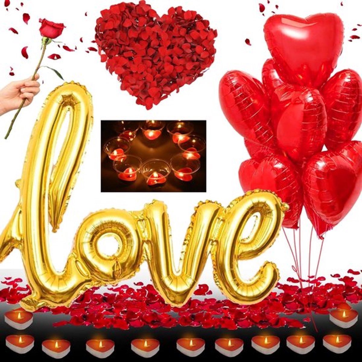 Romantische Decoratieset - 10 Hart Folieballonnen - Liefde Folieballonnen - 50 Rode Theelichtjes Hartvorm - 1000 Rozenblaadjes - Rozen voor Verloving - Verjaardag - Huwelijksverjaardag - Goud