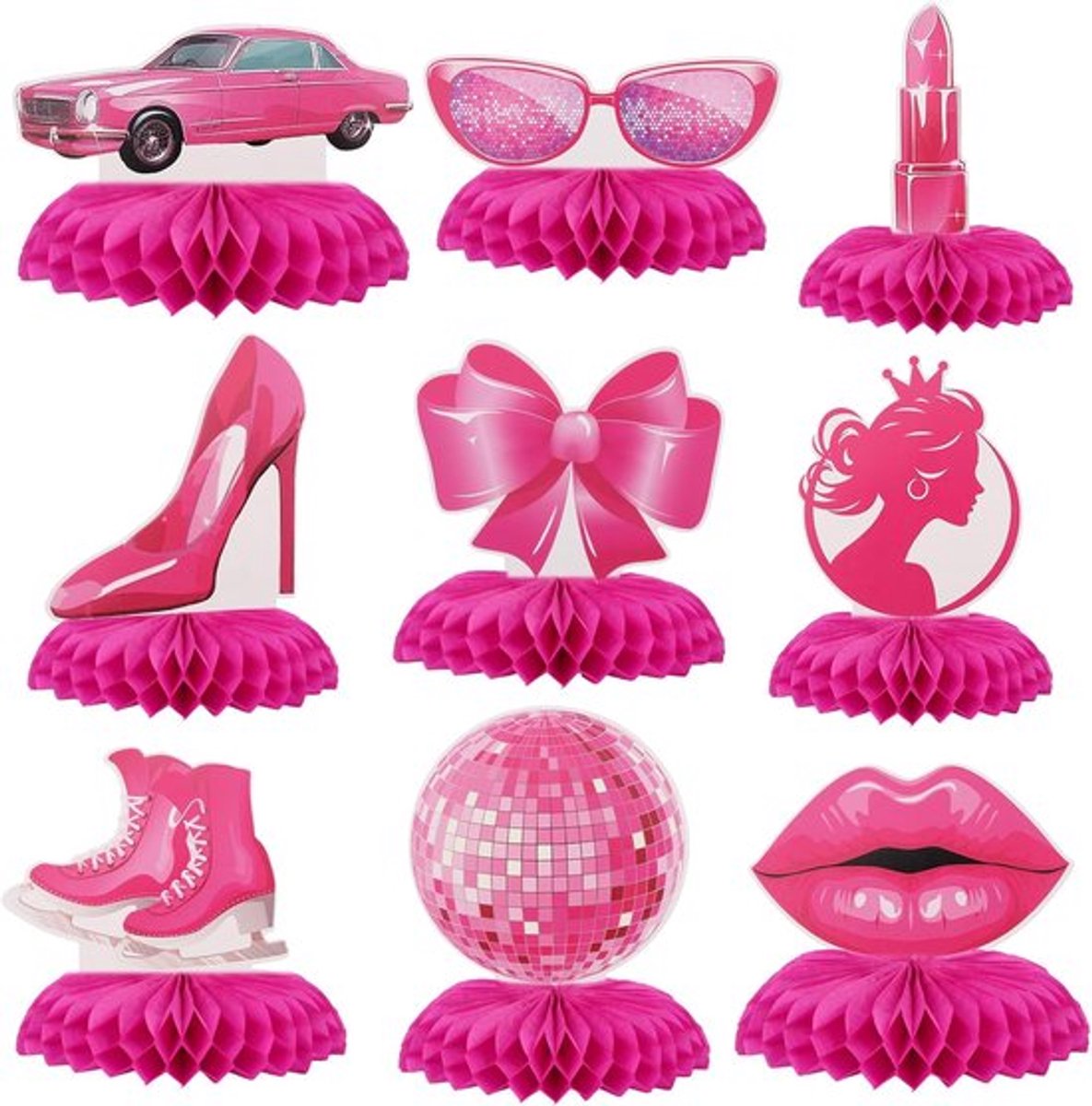 9 stuks felroze prinsessen-honingraatdecoraties, 3D-tafeldecoratie, meisjes-thema, roze verjaardagsdecoratie voor bruiloft, vrijgezellenfeest en verjaardag, feestartikelen