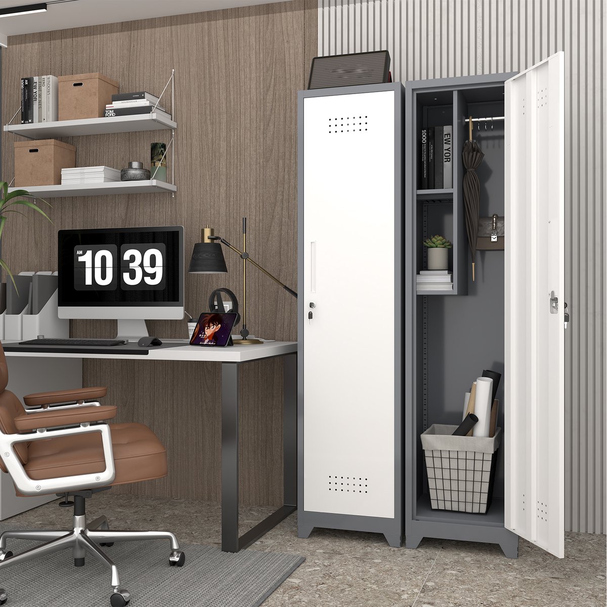 COVREO Opbergkast 40x40x165 cm grijs metaal, met slot en hangroede
