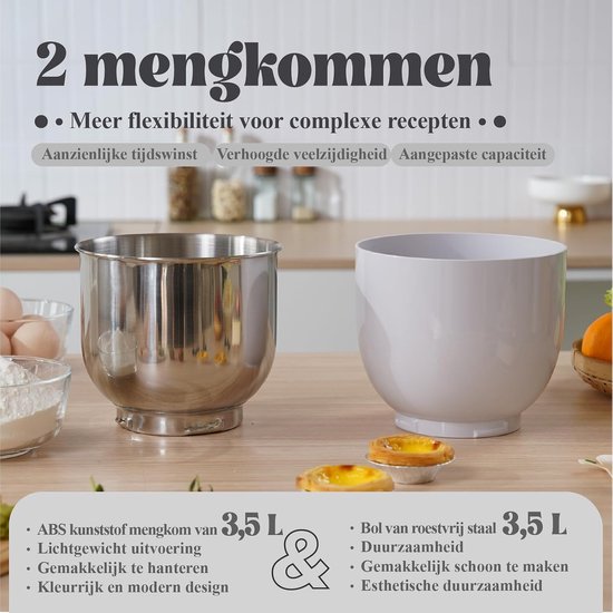 Keukenrobot met Dubbele Kom - Mixer Keukenmachine - Bakken en Koken - Praktisch Dubbel Komontwerp - 35 Liter - Wit — afbeelding 4