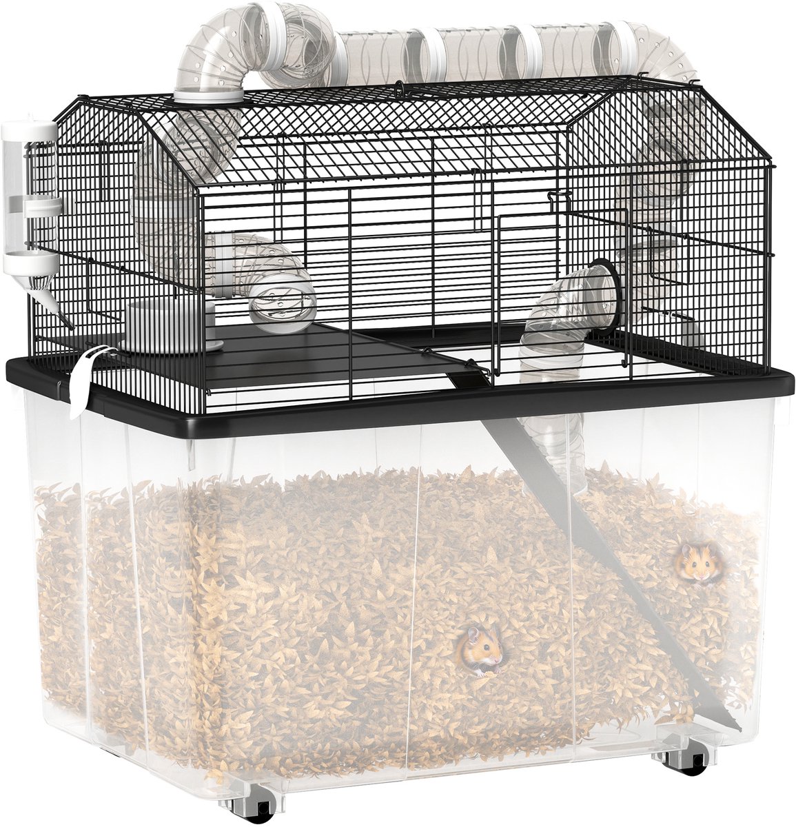Draagbare hamsterkooi met helling, voerbak, drinkfles en leidingsysteem, 58 x 43 x 57 cm – zwart