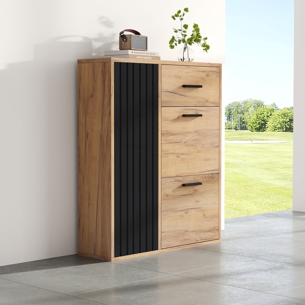 COVREO Schoenenkast 80 x 24 x 95,5 cm zwart natuur, spaanplaat, met lade en kleppen