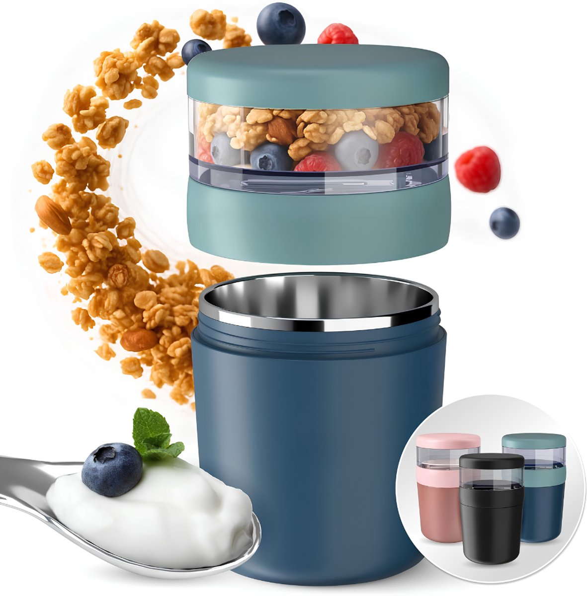 Lìon® Yoghurt Beker To Go - Yoghurt en Muesli Beker To Go - Yoghurt Beker To Go met Lepel - Blauw - 10cm x 10cm x 16cm