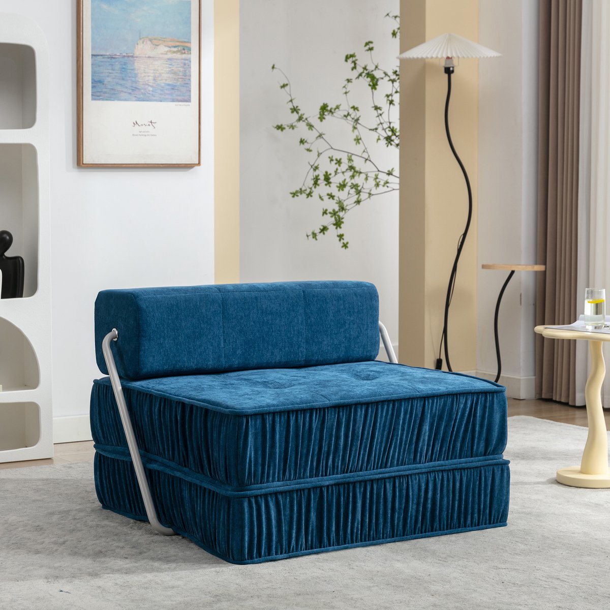 COVREO Slaapbank 186x93x44,5 cm blauw, chenille stof, 1-zits met slaapfunctie