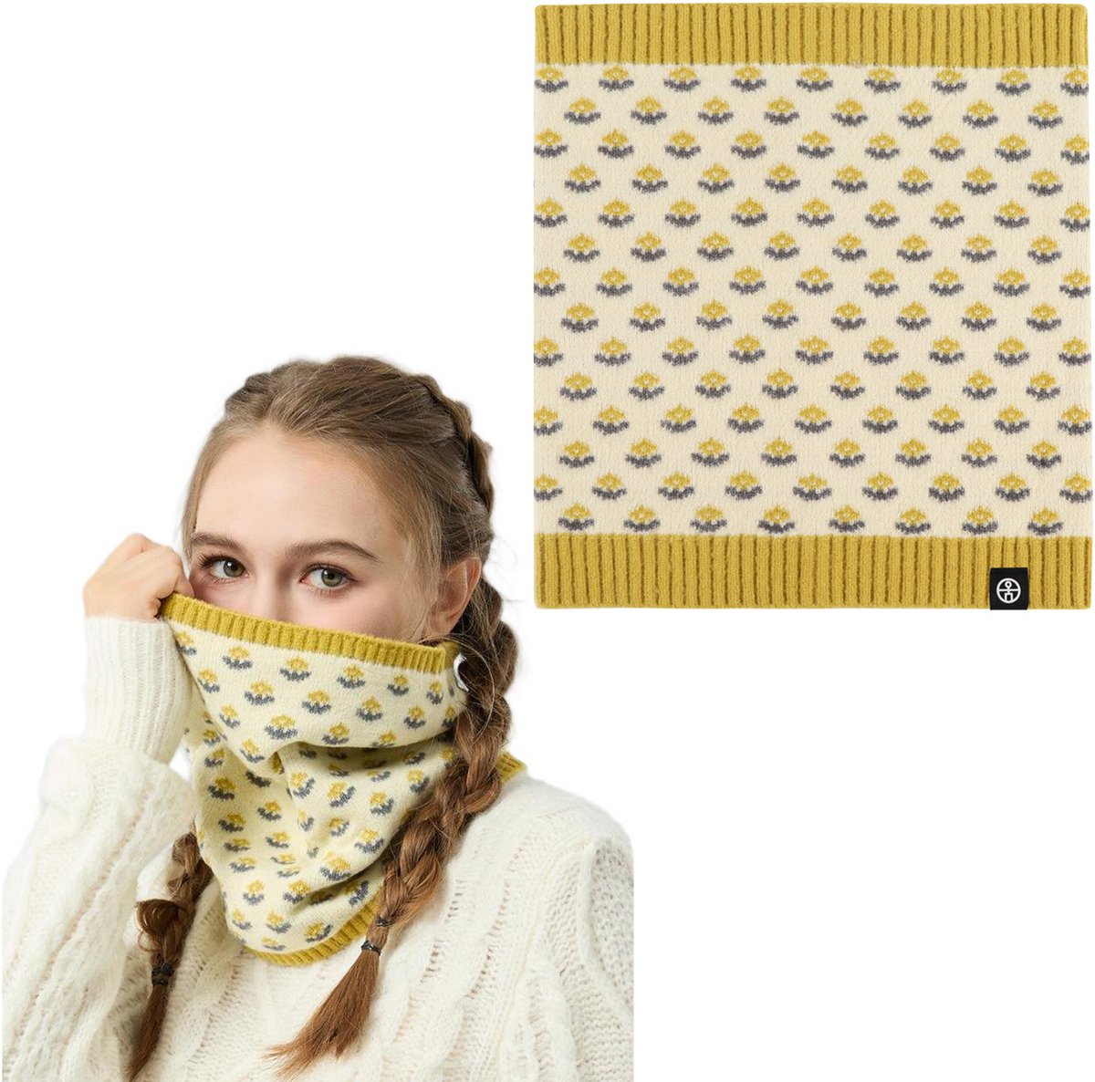 Gebreide Colsjaal Dames Winter – Warme Nekwarmer met Jacquard Bloemenpatroon – Zachte Fleece Sjaalkraag – Winddicht & Comfortabel – Geel – Voor Koude Dagen – 1 stuk