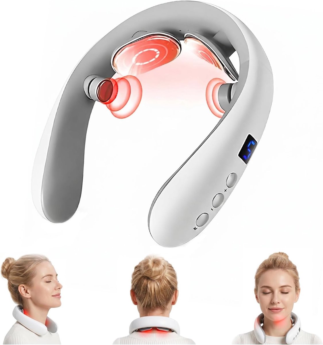 carmdering - Elektrische Nekmassager met TENS Puls Technologie, Nekmassage Apparaat met Warmtefunctie, 10 Modi, 16 Intensiteiten, Draadloos Oplaadbaar