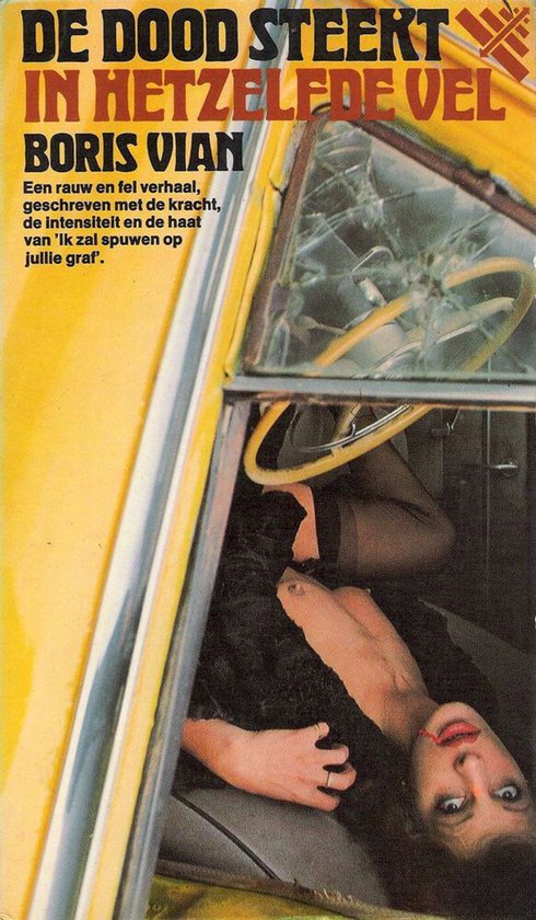 Boek 'De dood steekt in hetzelfde vel' met op de voorkant een vrouwelijk slachtoffer van een auto-ongeluk in een gele auto.