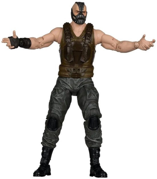 Actiefiguur van Bane, compleet met masker, bruin vest en grijze broek, met armen wijd open.