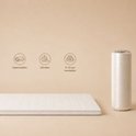 Matelas déroulé sur fond beige avec icônes pour ouvrir, dérouler et récupérer.