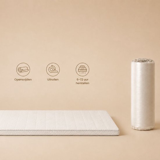 Matelas déroulé sur fond beige avec icônes pour ouvrir, dérouler et récupérer.