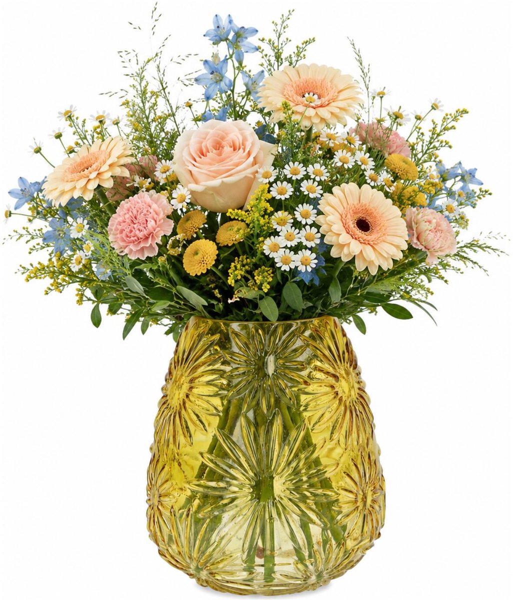 Plume Living Vaas Floran - transparant okergeel - D20 x H25 cm - glas - bloemenvaas - voor stelen en boeketten