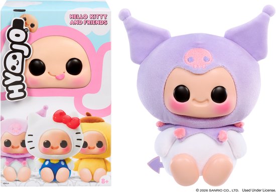 Paarse Kuromi pluche figuur in wit kostuum met roze details en schedel.