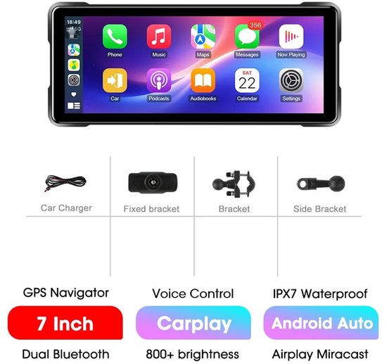7-inch GPS navigatiesysteem met een startscherm met iconen voor apps zoals Telefoon, Muziek, Kaarten en Instellingen. Inclusief accessoires: autolader, vaste beugel, beugel en zijbeugel.
