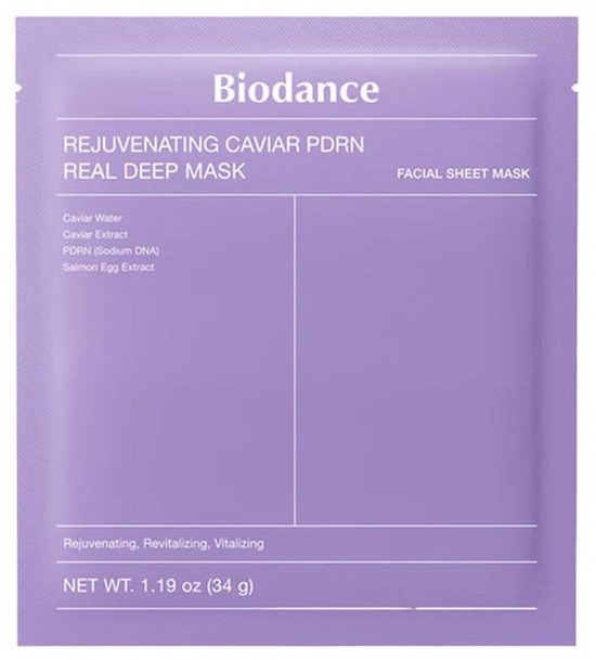 Paarse verpakking van het Biodance Rejuvenating Caviar PDRN Real Deep Mask, met ingrediëntenlijst.