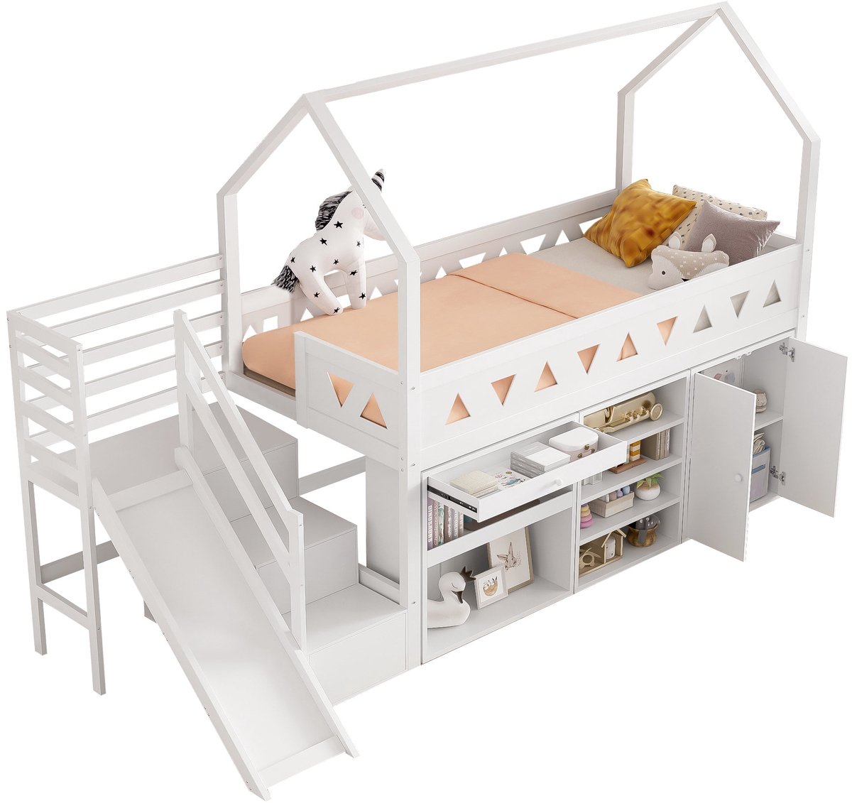 Merax Hoogslaper 90x200 cm voor Kinderen - Bed in Huisvorm - Wit - Met Glijbaan - Trap - Lades - Opbergkast - Houten Lattenbodem - Zonder Matras