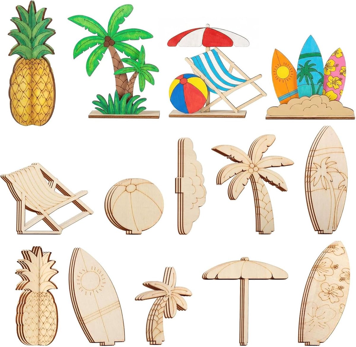 DIY 3D zomerdecoratie set - 45-delige houtset - onbehandelde houten vormen - ideaal voor schilderen - ShopVlot