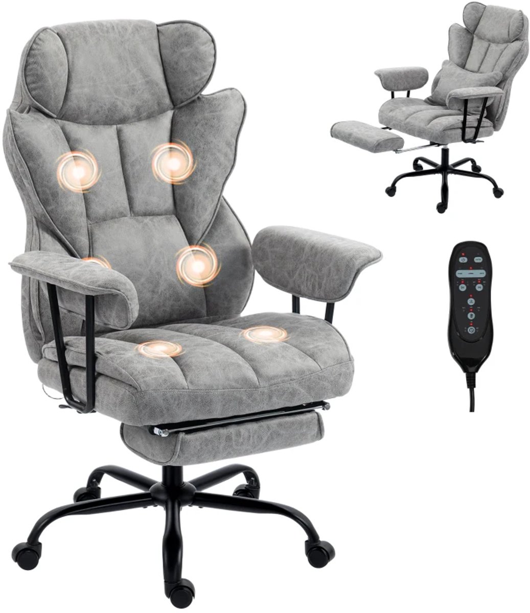 Ergonomische Bureaustoel met 6-punts Massage & Verwarming - met Voetensteun, Lendensteun & Brede Zitting - Max. kanteling 140° - 360° Draaibaar - Kantoorstoel - Gamestoel - Directiestoel - Volwassenen Stoel - Computerstoel - Grijs