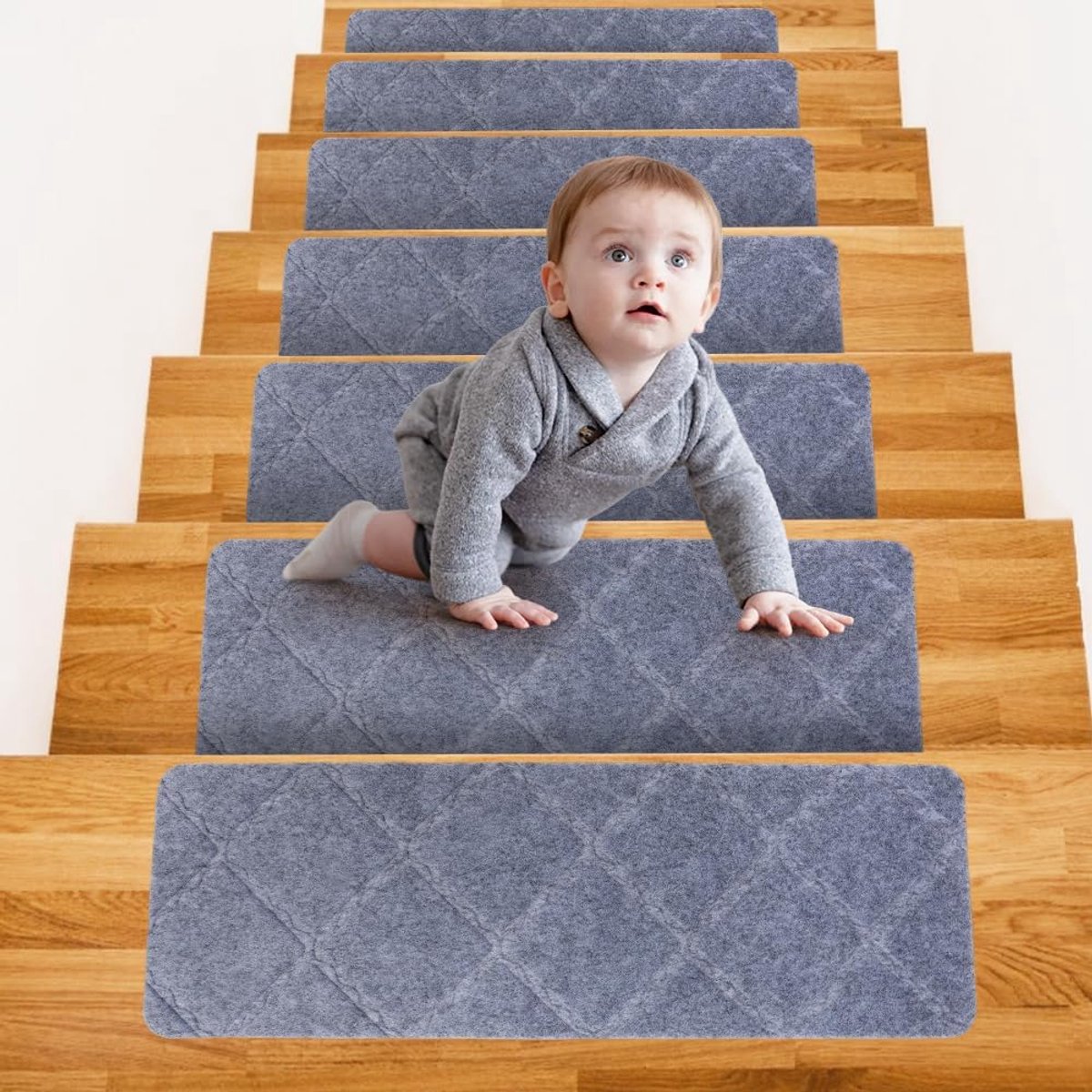 Trapmatten, antislip, trapmatten, zelfklevend, voor binnen, trapbescherming, traptapijt, binnen, voor kinderen, ouderen en honden, lichtgrijs