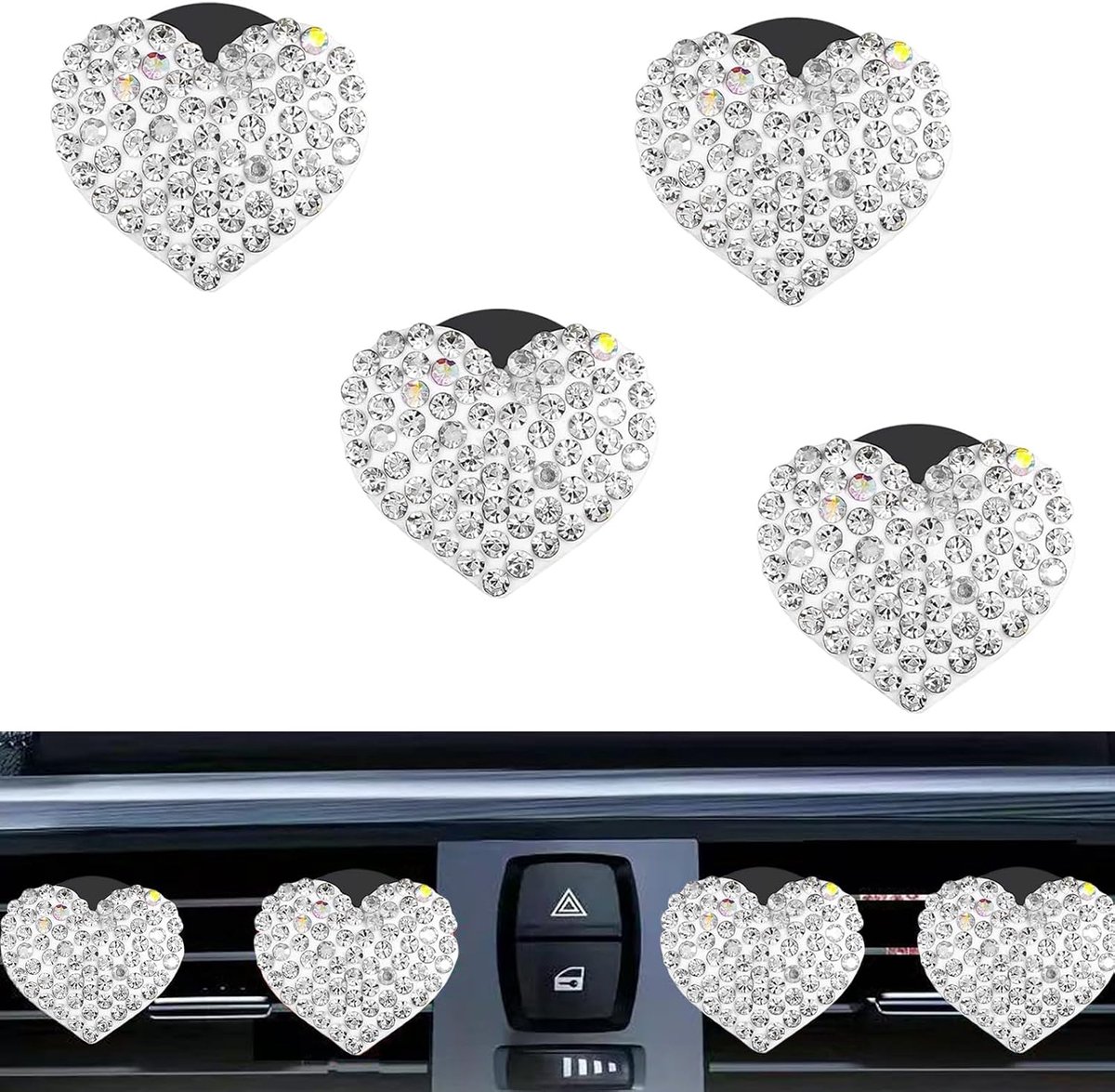 4 stuks hartvormige auto-luchtverfrisser, clip, strass, auto-ventilatieclip met geurtabletten, autodecoratie, interieur, clip voor meisjes en vrouwen (wit, stochastisch)