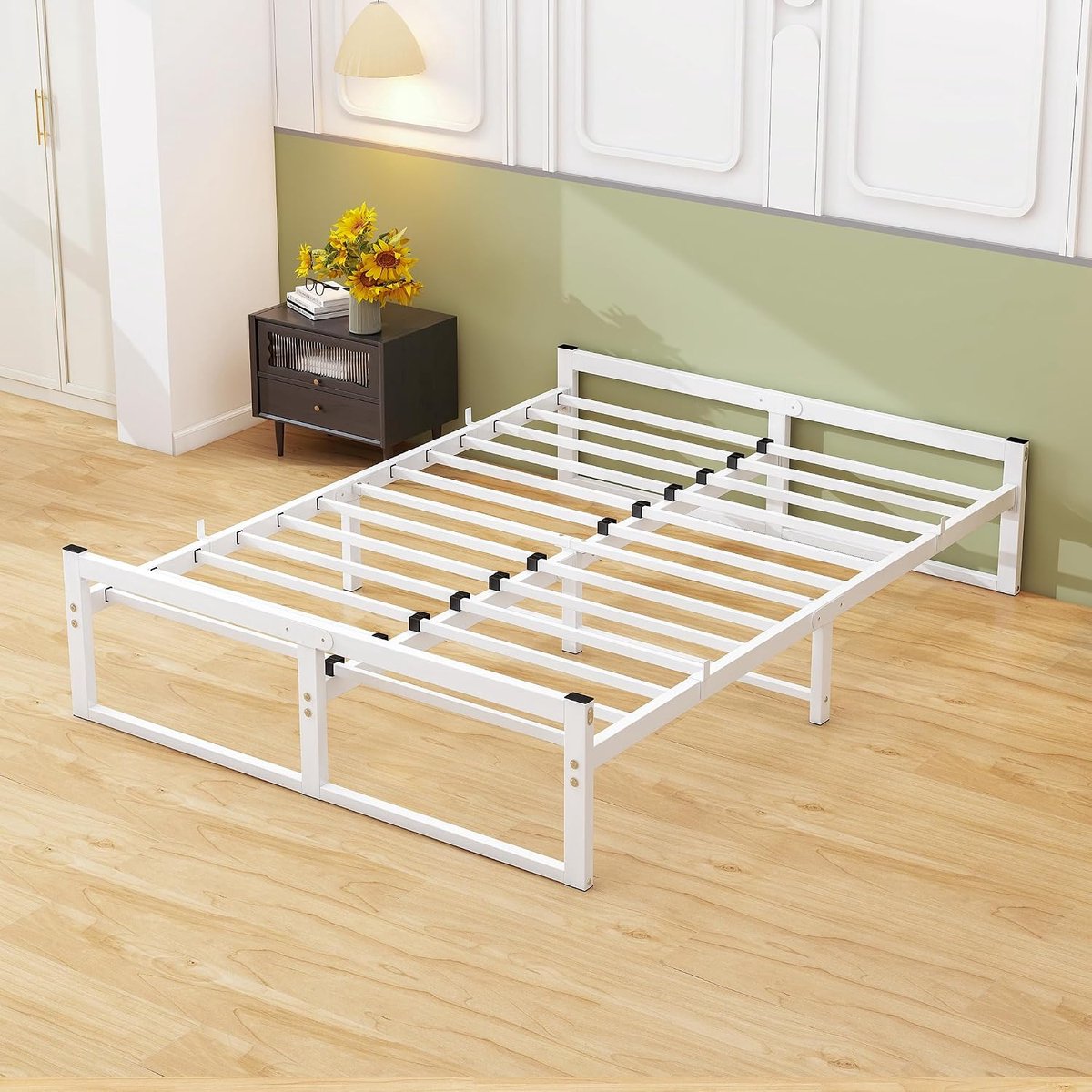 Bed met lattenbodem, metalen bedframe met lattensteun, 160x200 cm, metalen bed 160x200 - 48 cm hoogte, tienerbed met opbergruimte, tweepersoonsbed, geen boxspringbed, wit