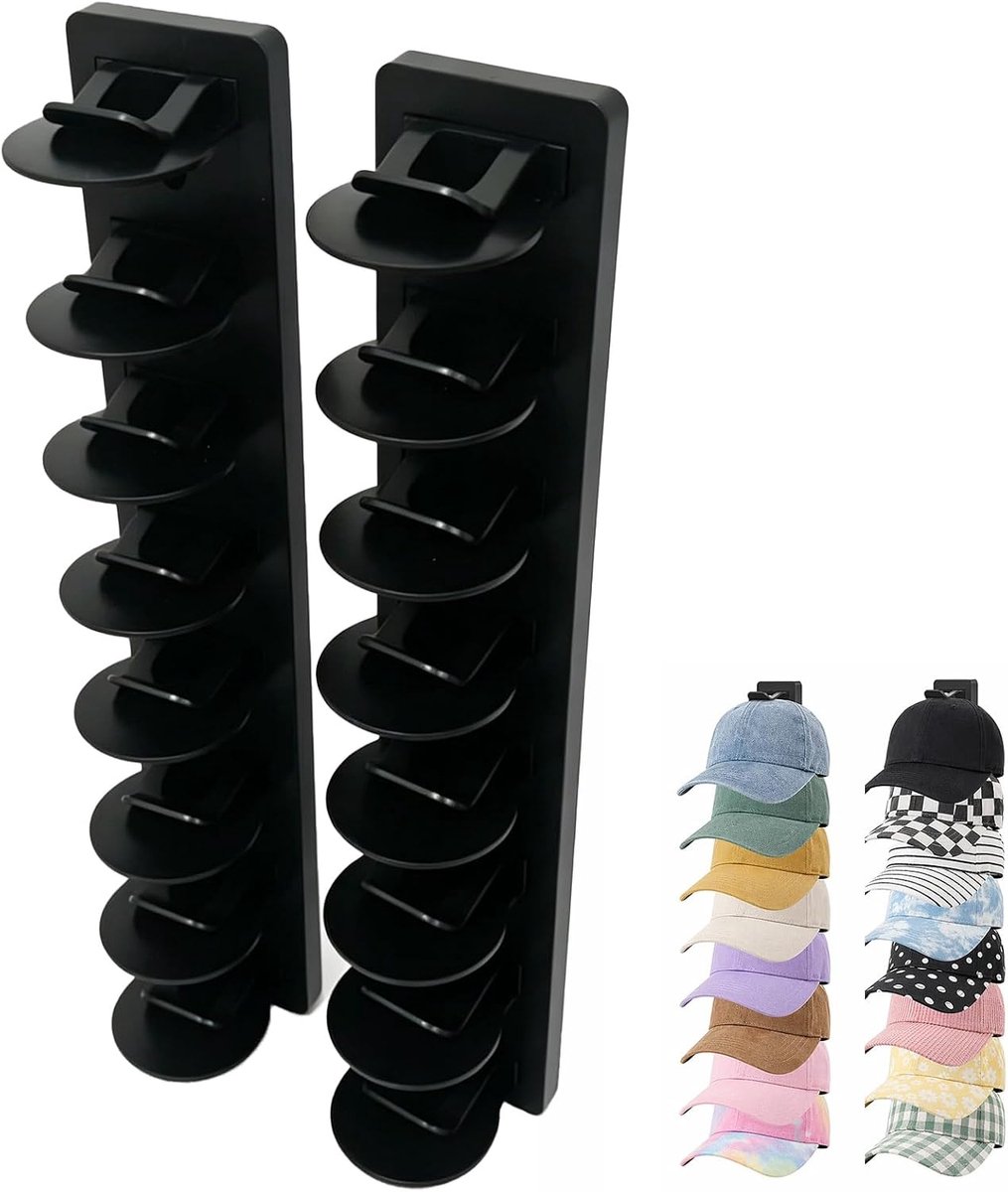 2 stuks kaphouders voor aan de muur, elk 8 vakken, zwarte ABS-cap-organizer, zonder boren voor baseballcaps, ruimtebesparende hoedenhouder voor slaapkamer, entree, kledingkast