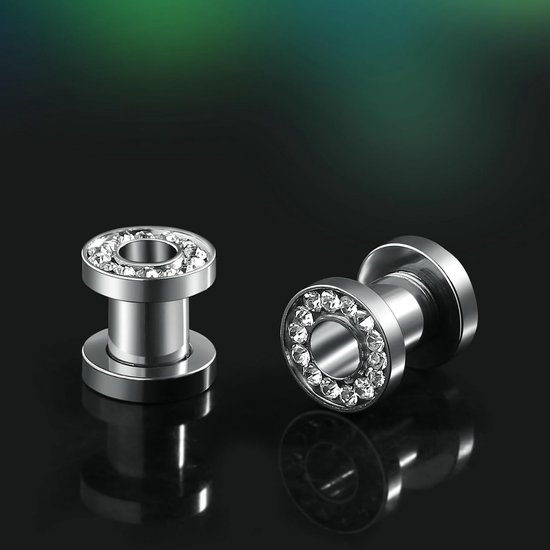 2 stuks chirurgisch staal meters voor oren, zilveren tunnels voor vrouwen oren met Cubic Zirconia oorbel meters kit — afbeelding 2