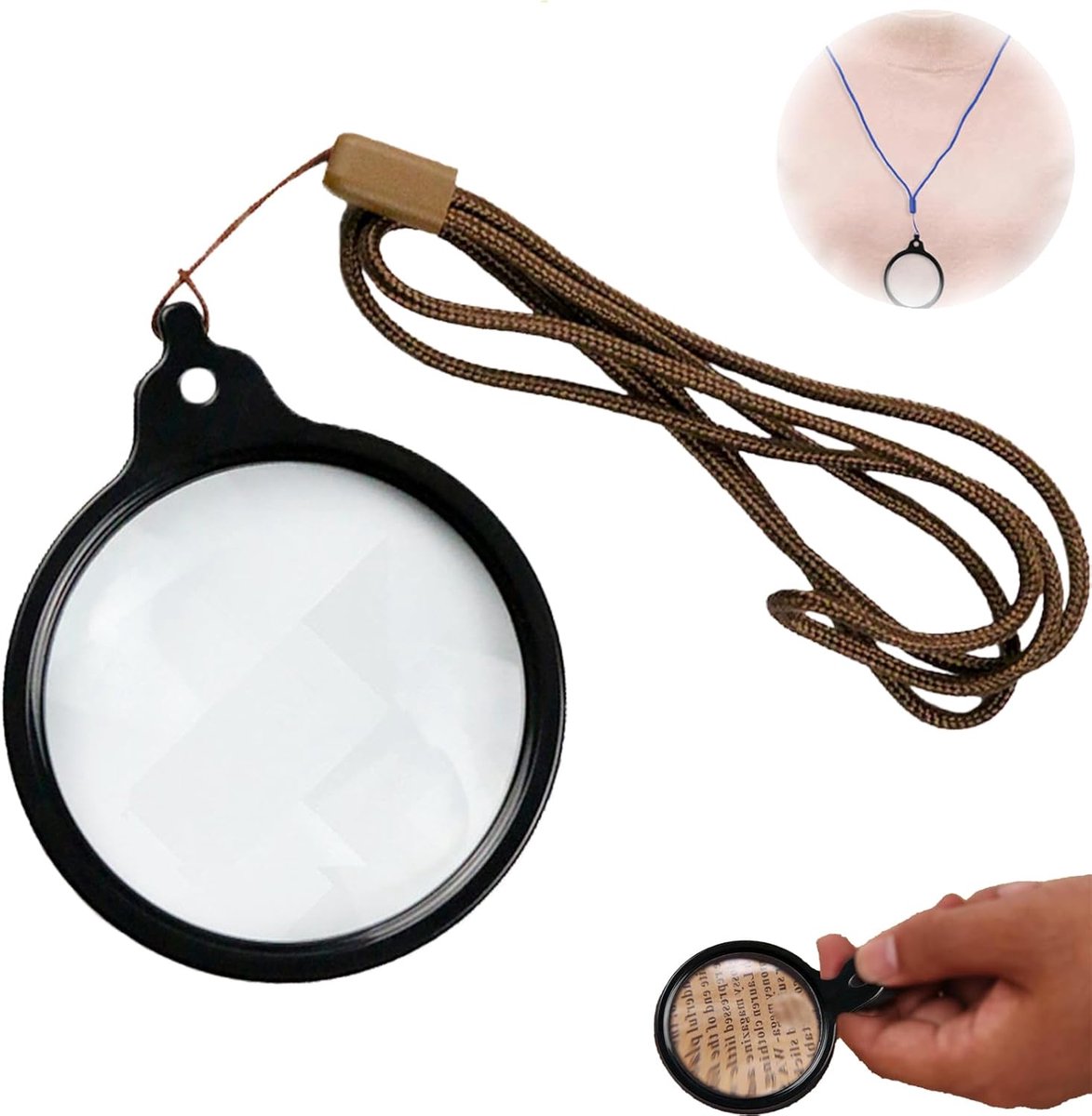 Klein, 5x vergrootglas, zakleesloep, halsketting om op te hangen, mini loep met touw voor het lezen van boeken, kranten, landkaarten, knutselen