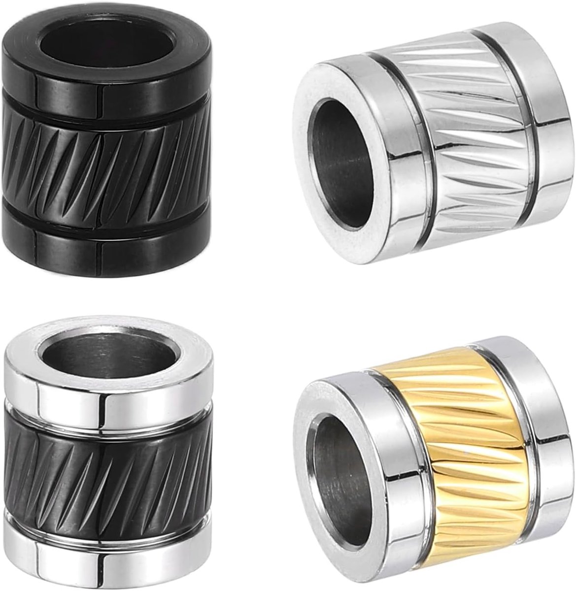 Kralen, 4 stuks gegroefde buis losse kolomafstandskralen, 6 mm gat voor doe-het-zelf armband, ketting, sieraden maken, zilver-gouden toon, zilverkleurig, zwart