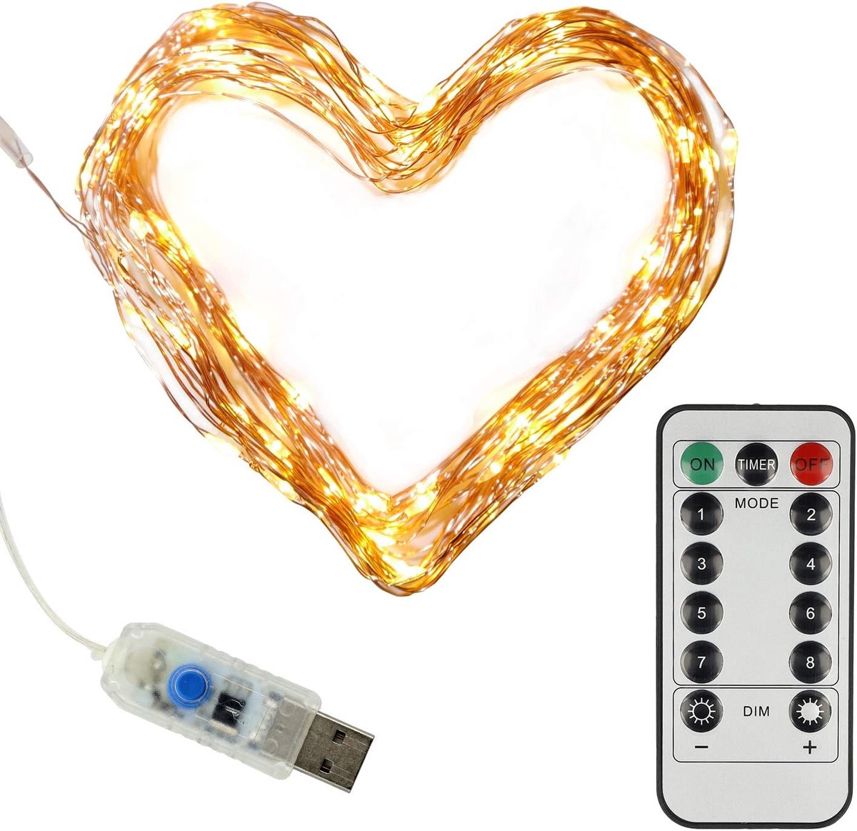 LED mini-lichtketting met USB-poort en afstandsbediening, versch. functies, 100 leds in warmwit, 10 m, koperdraad, binnen, 5 volt, Clauss10002