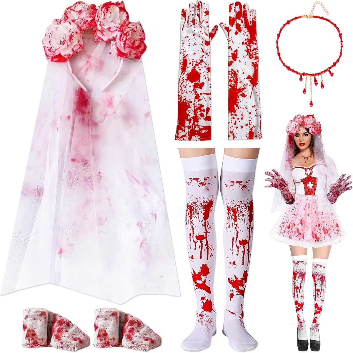 Bruid Kostuum, 6 Stuks Horror Bruid Kostuum, Halloween Kostuum Dames Met Bloedhandschoenen Halloween Bloedsokken Bloedketting Haarband Bloody Gothic Accessoires Dames