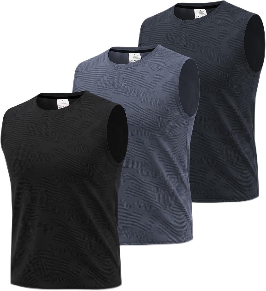 3-pack atletische vesten voor heren, mouwloos, sneldrogend, hardlooptraining, ademend mesh met camouflage-jacquardpatroon