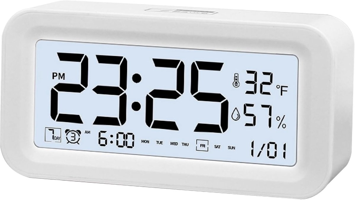 Wekker zonder tikken met temperatuur en luchtvochtigheid, 3 wektijden, weekendmodus, aanraaklicht & auto-nachtlampje, wit