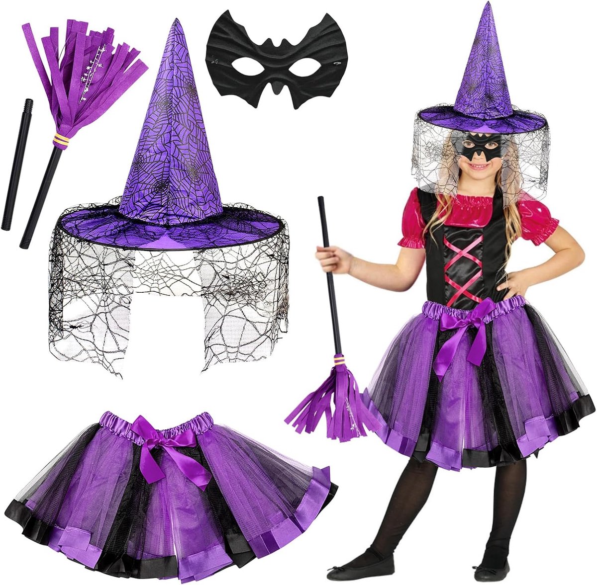 Heksenkostuum voor Meisjes, Halloweenkostuum voor Kinderen, Heksenbezem, Heksenhoed, Heksenjurk