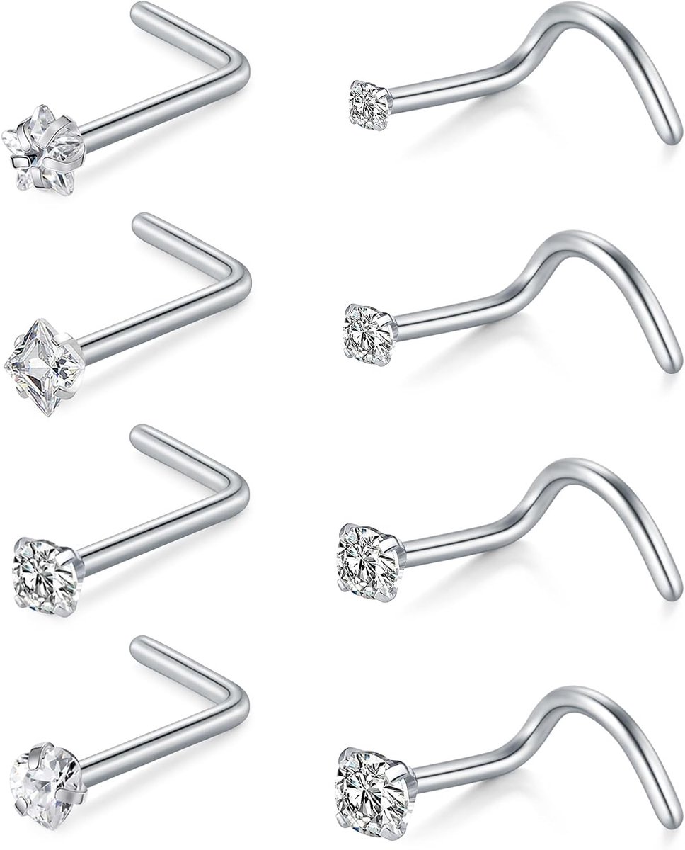 Neuspiercing, sieraad voor dames en heren, roestvrij staal, L-vormige neussteker met hartvormige zirkonia, huidvriendelijk, dun, 22G, 20G, 18G, zilver en goud