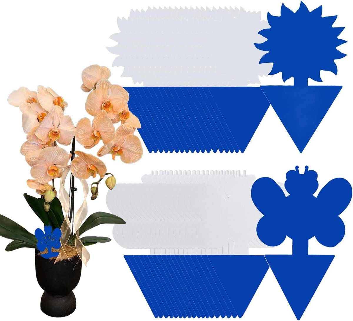 48 stuks blauwe borden, insteekbare vliegenval, insectenvrije lijmval, bescherming tegen trips en vliegend ongedierte in de tuin, op balkon.
