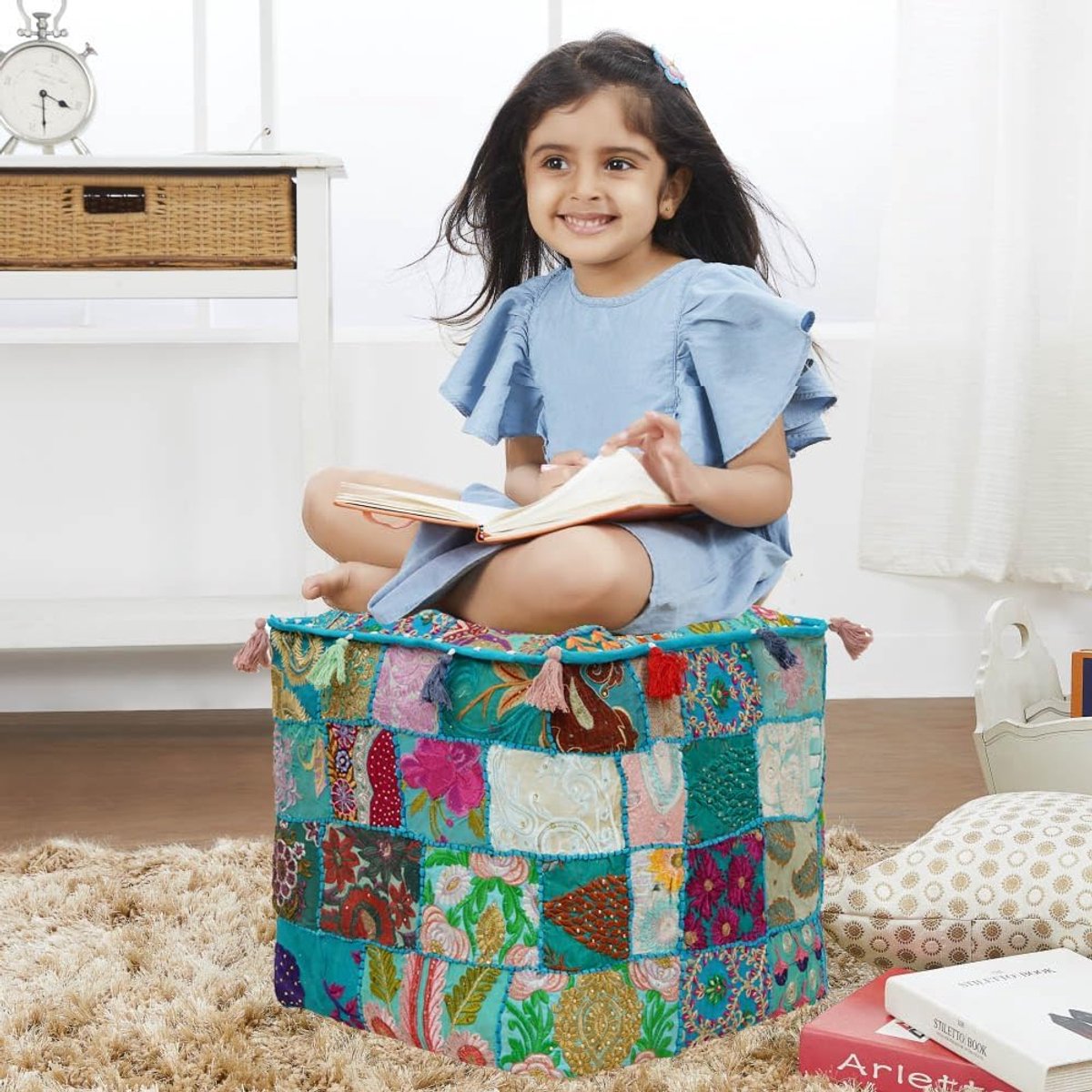 Pouf cover 16x16x16 inch - turquoise katoen - patchwork vintage - comfortabel voetsteun - SnelShoppen