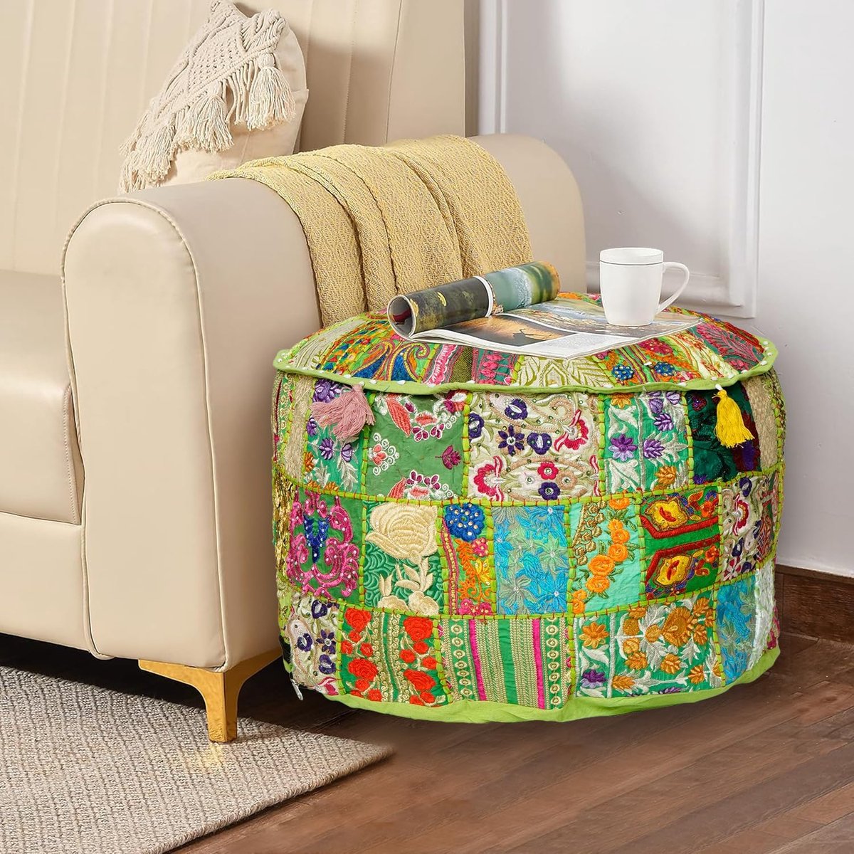 Ottoman Pouf Cover 45x45cm - Patchwork - Lichtgroen - Comfortabele voetsteun - SnelShoppen