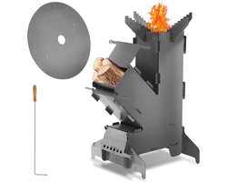 Rocket Stove Outdoor raketoven met grillplaat en vuurhaak, van massief 3 mm dik staal, insteeksysteem, houtkachel, campingkooktoestel, pelletkachel voor Dutch Oven, braadpan, BBQ