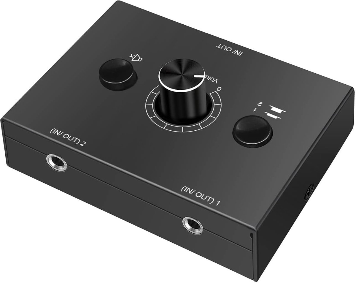Audio Switch 3,5mm Jack 2(1)-in-1(2)-Out, plug & play metal box | met Volume Control One Key Mute, Analog Stereo Aux Schakelaar Selector voor Phone PC Speaker Luidspreker Soundbar Subwoofer