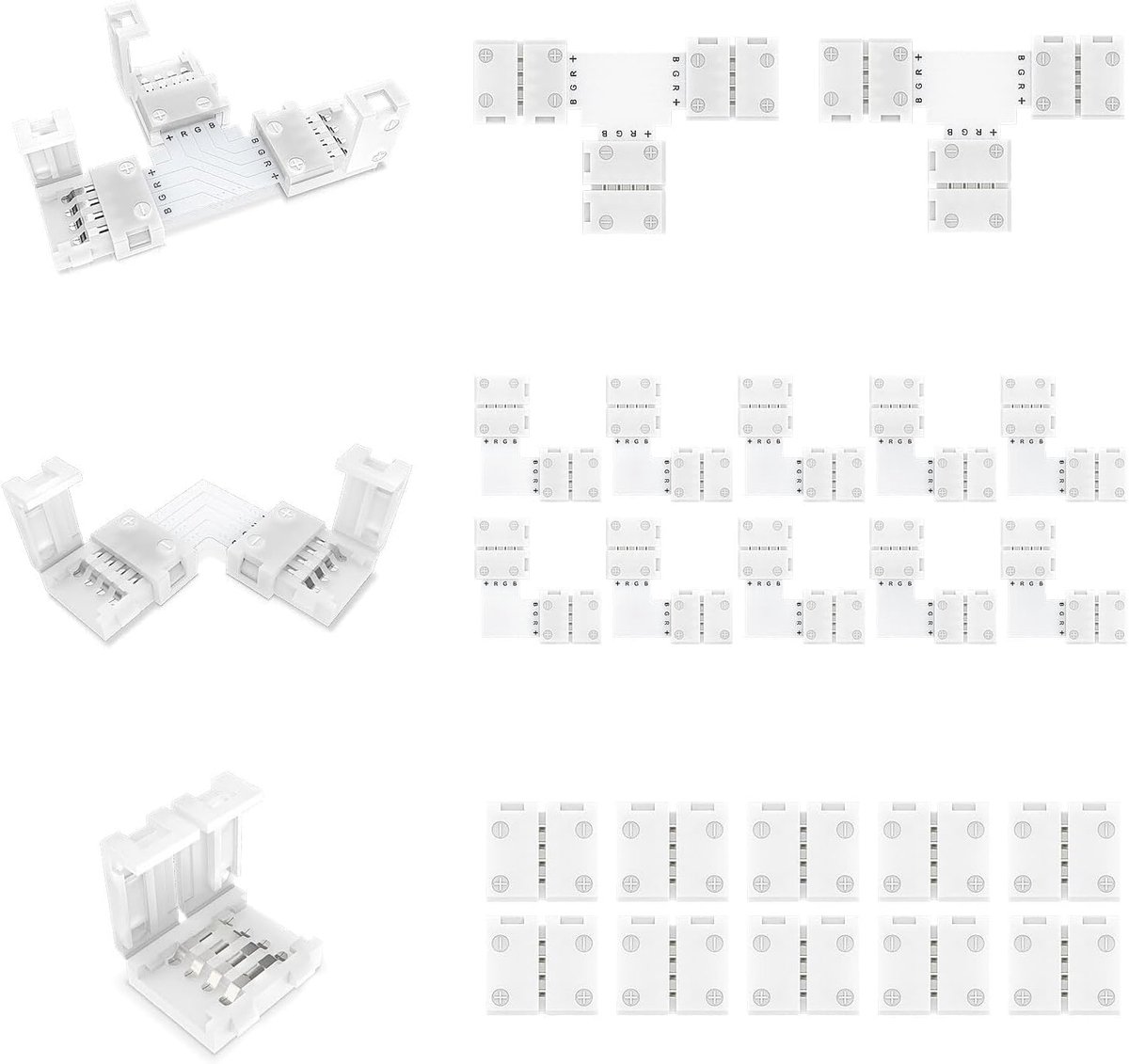 LED Light Strip Connectors, 4 Pin 10 mm Soldeerloze Connector Kit voor SMD 5050/3528 LED Strips Inclusief 10 x Gapless Line Connectors, 10 x L Vorm Connectoren, 2 x T ShapeConnectors