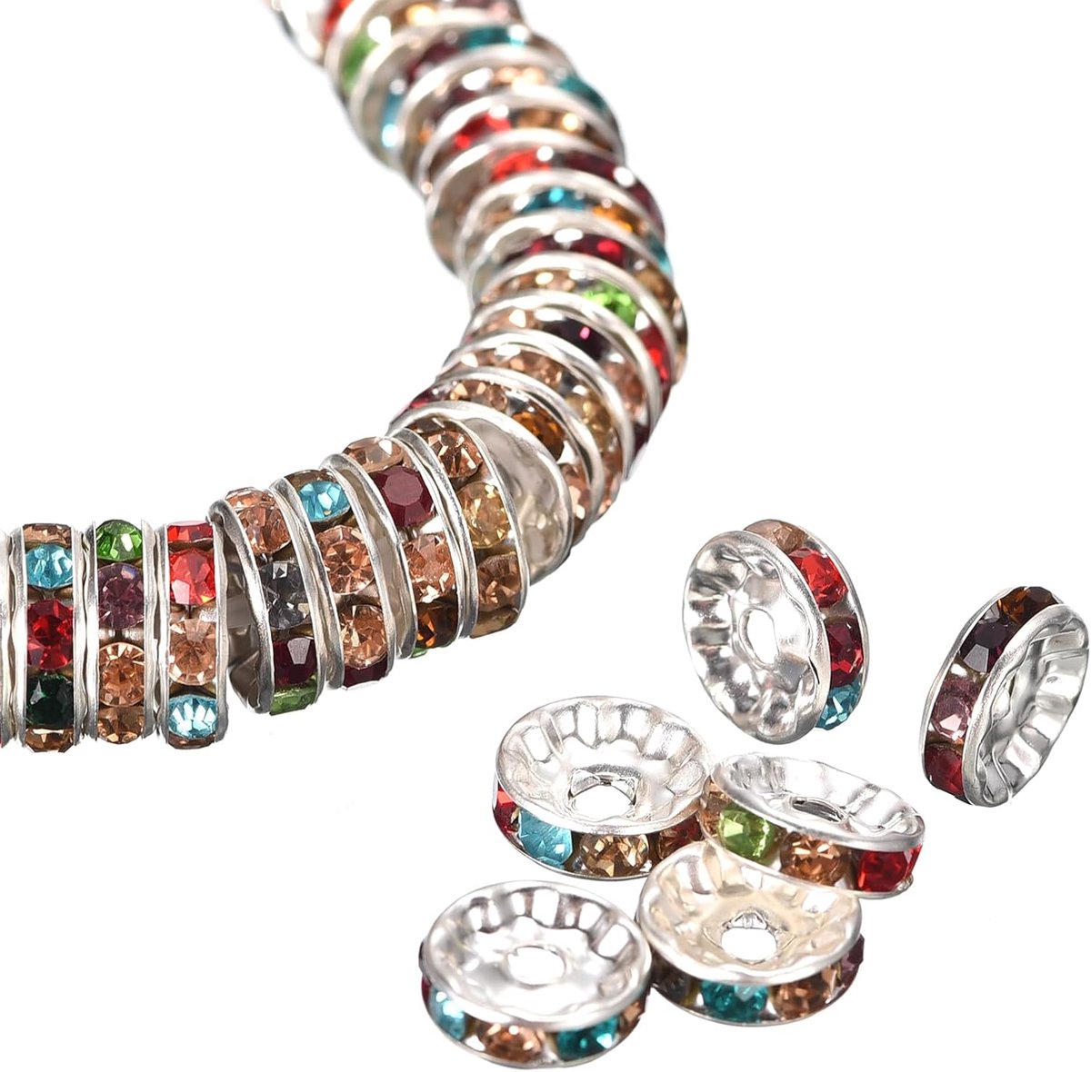 Kralen, ronde afstandhouders van strass, verzilverd, losse ronde kralen voor armbanden, halskettingen en sieraden, meerkleurig