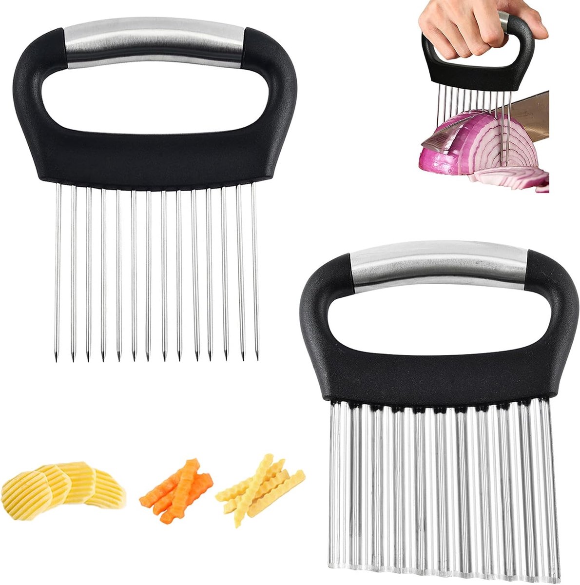 Frietsnijder met uiensnijder, 2 stuks golfsnijder, uienhouder met handvat, roestvrij staal, golfmes met beschermhoes voor aardappelen, uien, komkommers, wortelen en groenten