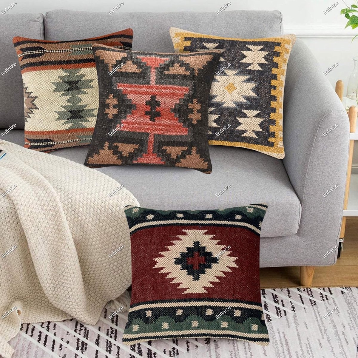 Cushion cover 45x45 cm - handgeweven wol-jute - geometrisch ontwerp - bohemian stijl - SnelShoppen