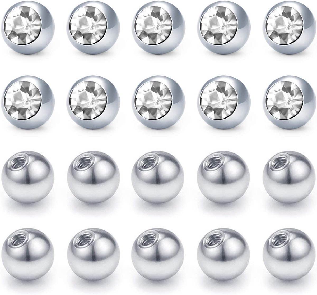 Zilveren piercing ballen set 1,6 mm schroefdraad chirurgisch staal 5 mm reserve bal schroef bal, Roestvrij staal