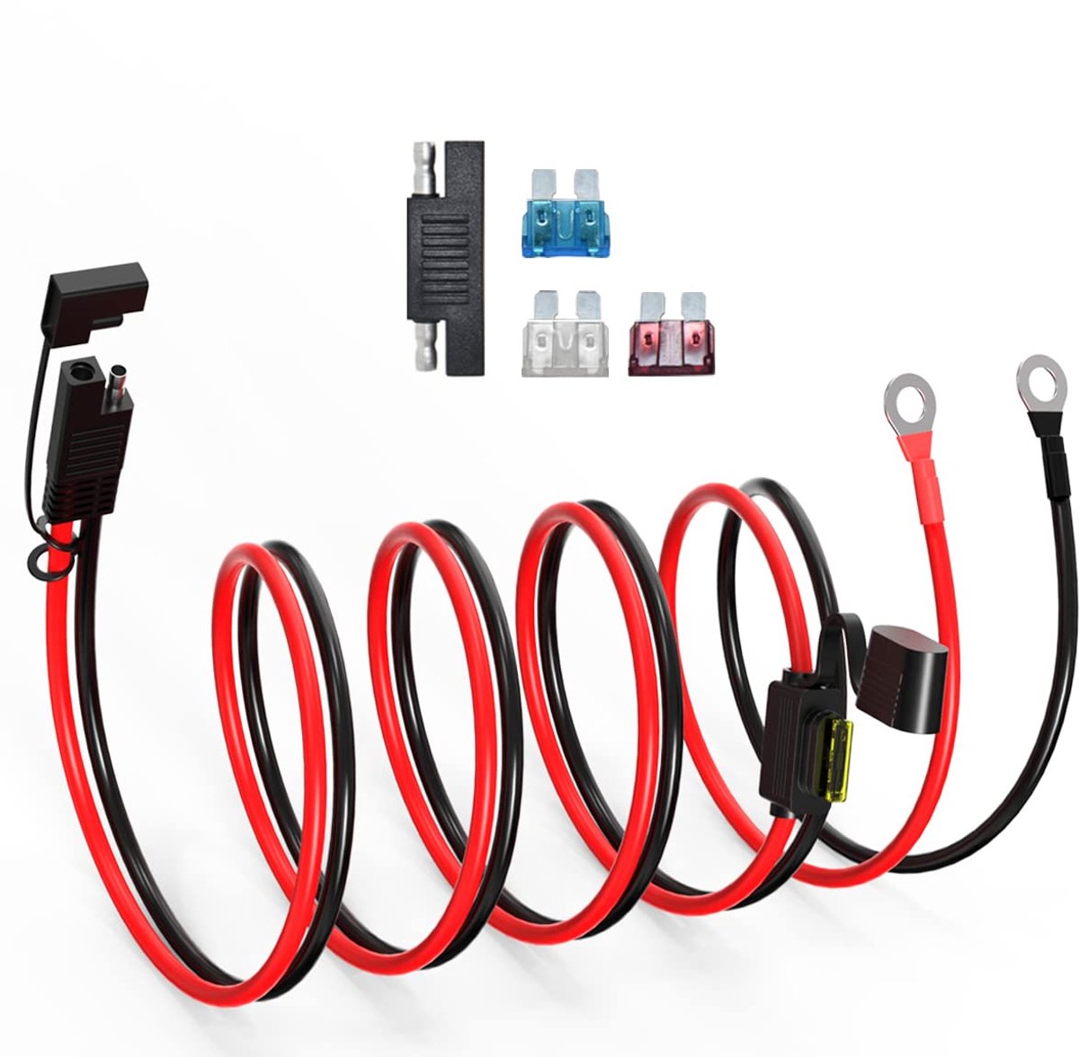 Naar O-ringklemmenharnas, 12AWG SAE-batterijconnector SAE-batterijkabel met 10A 15A 20A 25A zekering, compatibel voor motorauto (3,3FT)
