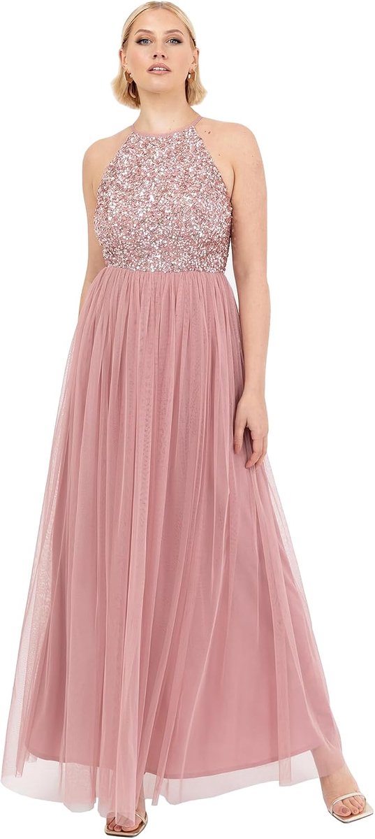 Deluxe Verfraaide mouwloze maxi-jurk met pailletten voor dames, bruidsmeisjesjurk voor bruiloften, feesten en avondkleding, halternek voor dames, dameskleding, vintage roze 10, Vintage Roos, 36