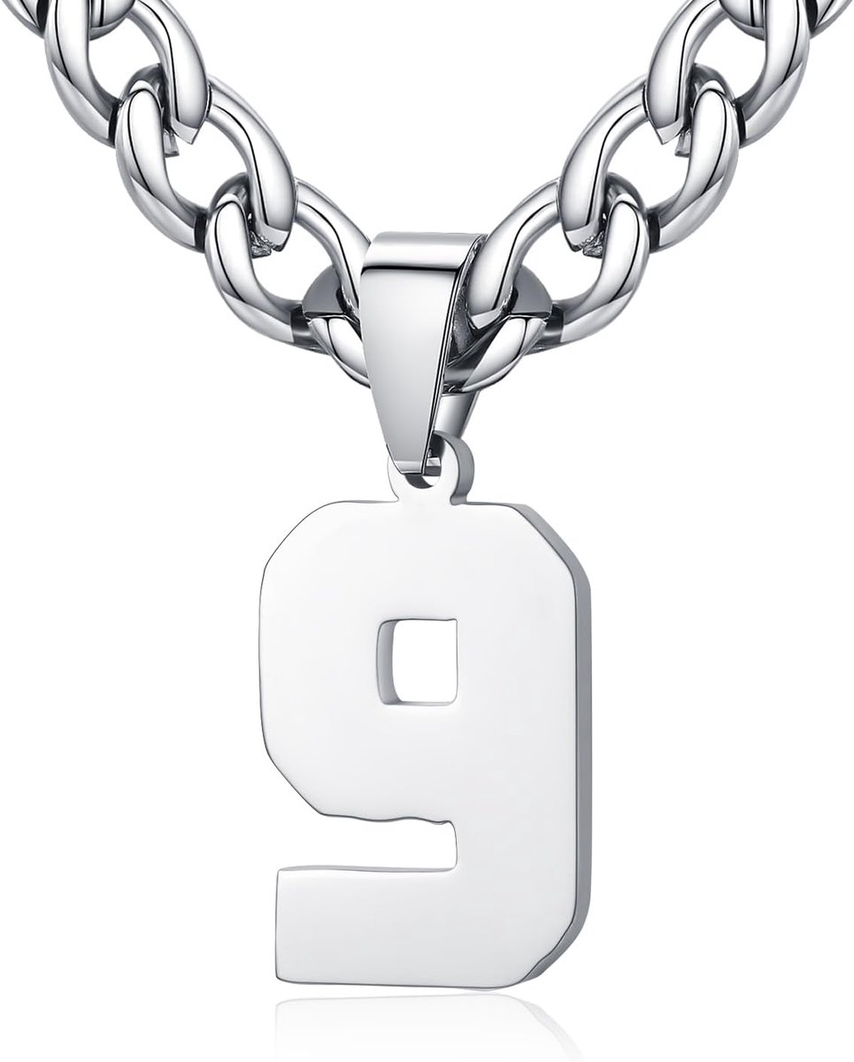dames roestvrij staal 0-99 getal hanger geluksgetal jersey nummer sporter halsketting gepersonaliseerd met 6 mm brede pantserketting, Roestvrij staal