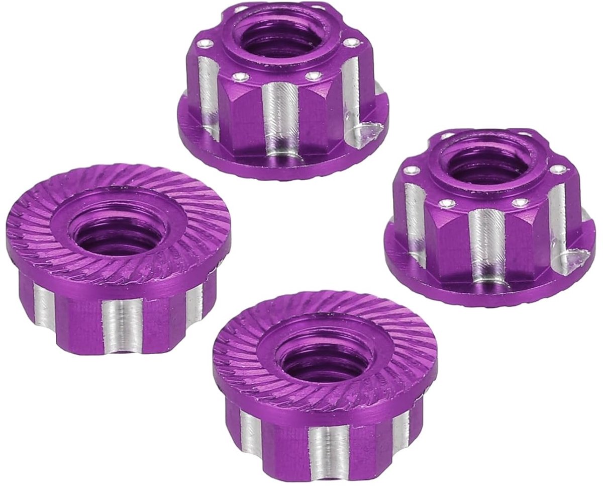 sourcing map Zeskantmoeren van aluminium M4 RC wielmoeren, stofdicht, antislip montagekap voor 1/10 RC modelauto, vrachtwagen, terreinwagen, verbeterde onderdelen, verpakking van 4 (paars)