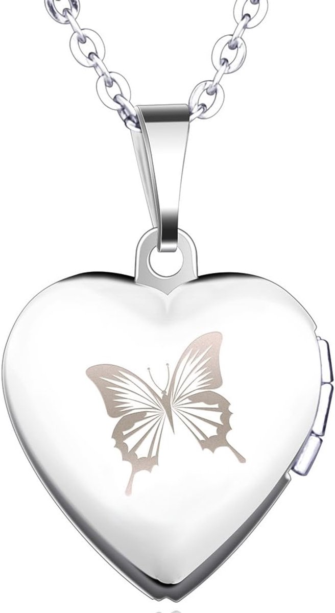 roestvrij stalen medaillon met ketting, vlinder, foto, om te openen, amulet, zilver, roze, blauw, hanger met hart, halsketting, kettinghanger, voor dames en meisjes, Roestvrij staal, Geen edelsteen